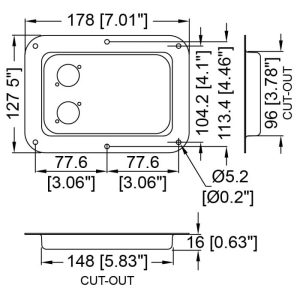 Penn Elcom D023K technische tekening met maatvoering en montagegaten
