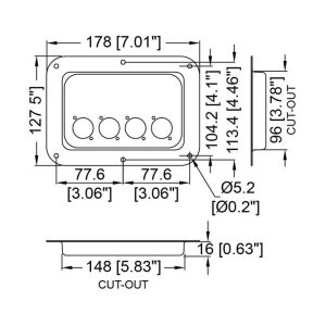 Penn Elcom D024K technische tekening met maatvoering en montagegaten